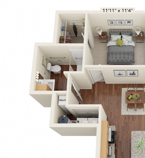 Preserve at Peachtree Shoals_3D_1 Bedroom Floor Plan